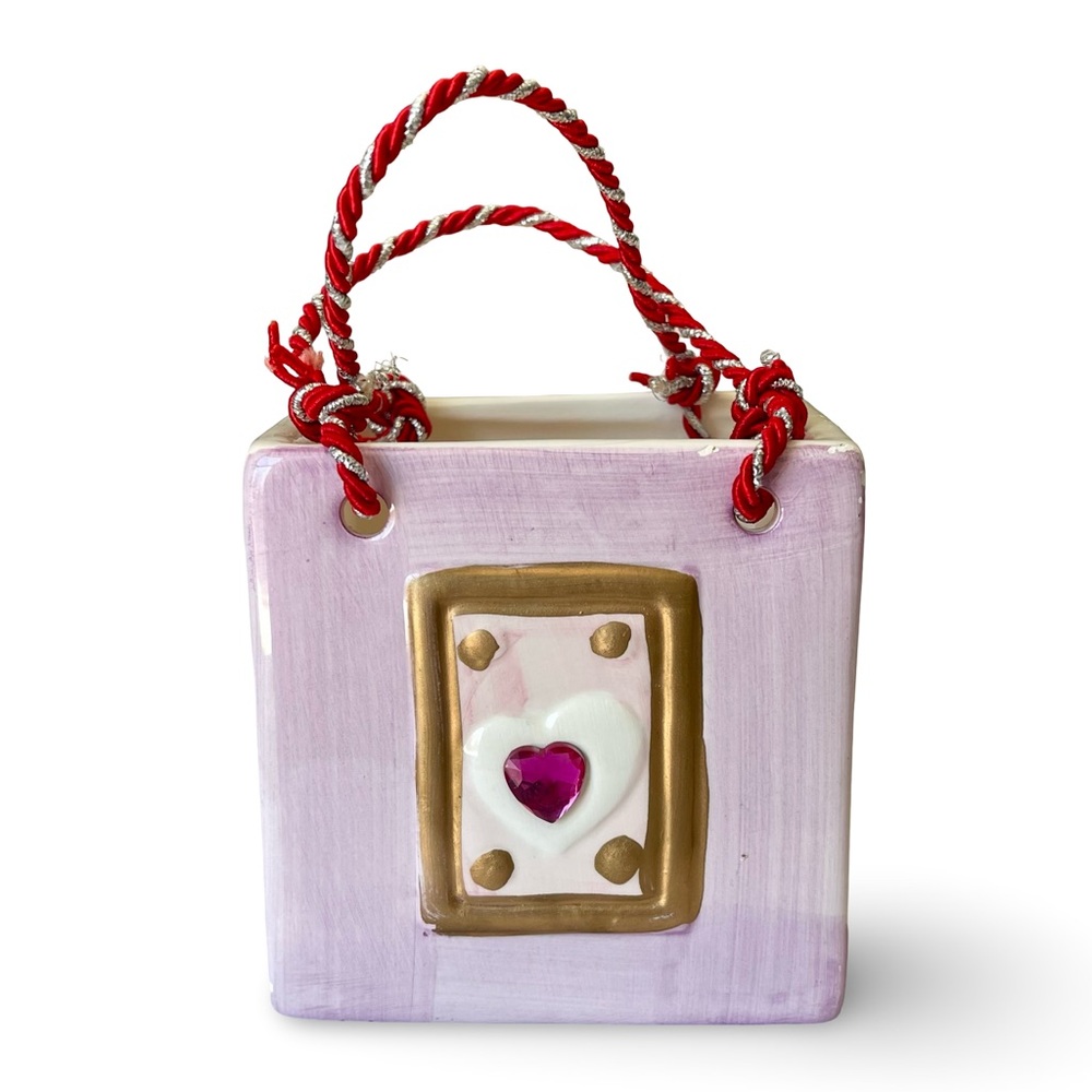 Pink Ceramic Trinket Bag with Rope Handles Valentines